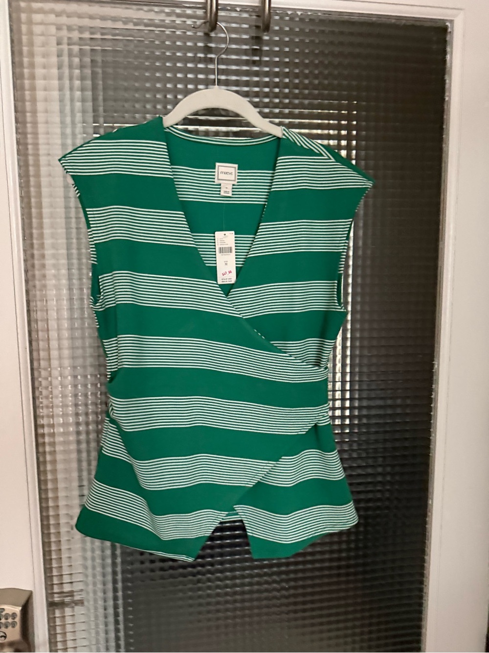 Maeve Green and White Striped Wrap-Front Sleeveless Top